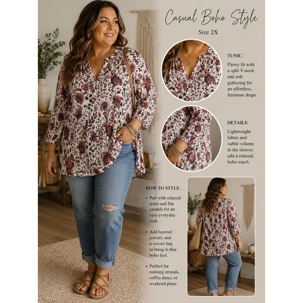 Kim Rogers Floral Tunic SZ 2X Cottagecore, Casual
